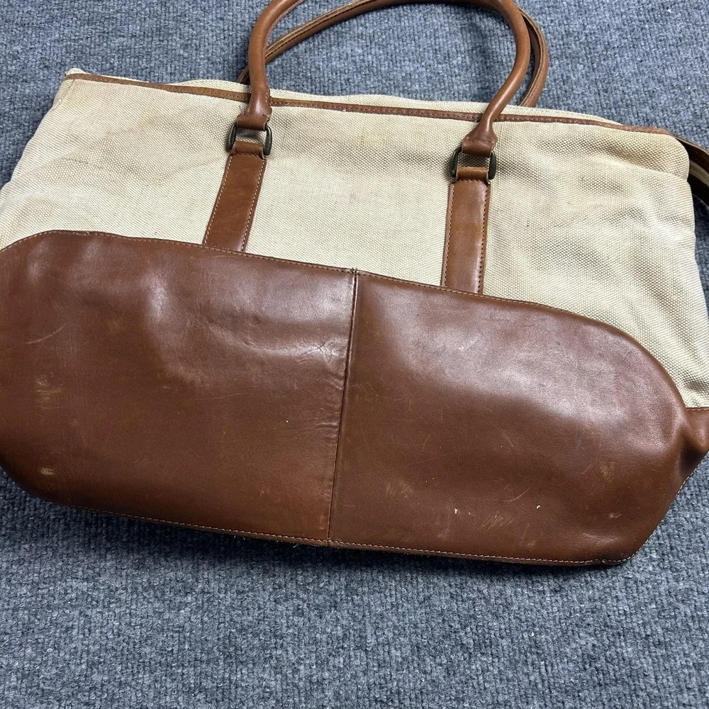 LL Bean Beige 23in Canvas Mens Tote Bag Leather Trim Travel Weekend Work